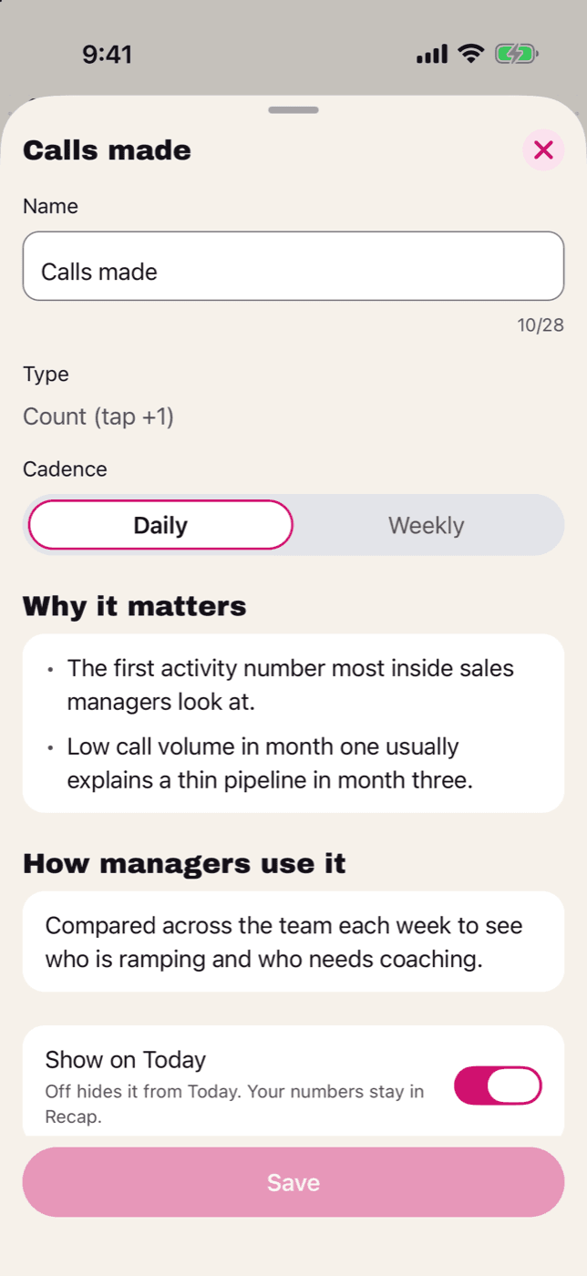 The Calls made metric, set to daily. Why it matters: the first activity number most inside sales managers look at, and low call volume in month one usually explains a thin pipeline in month three. How managers use it: compared across the team each week to see who is ramping.